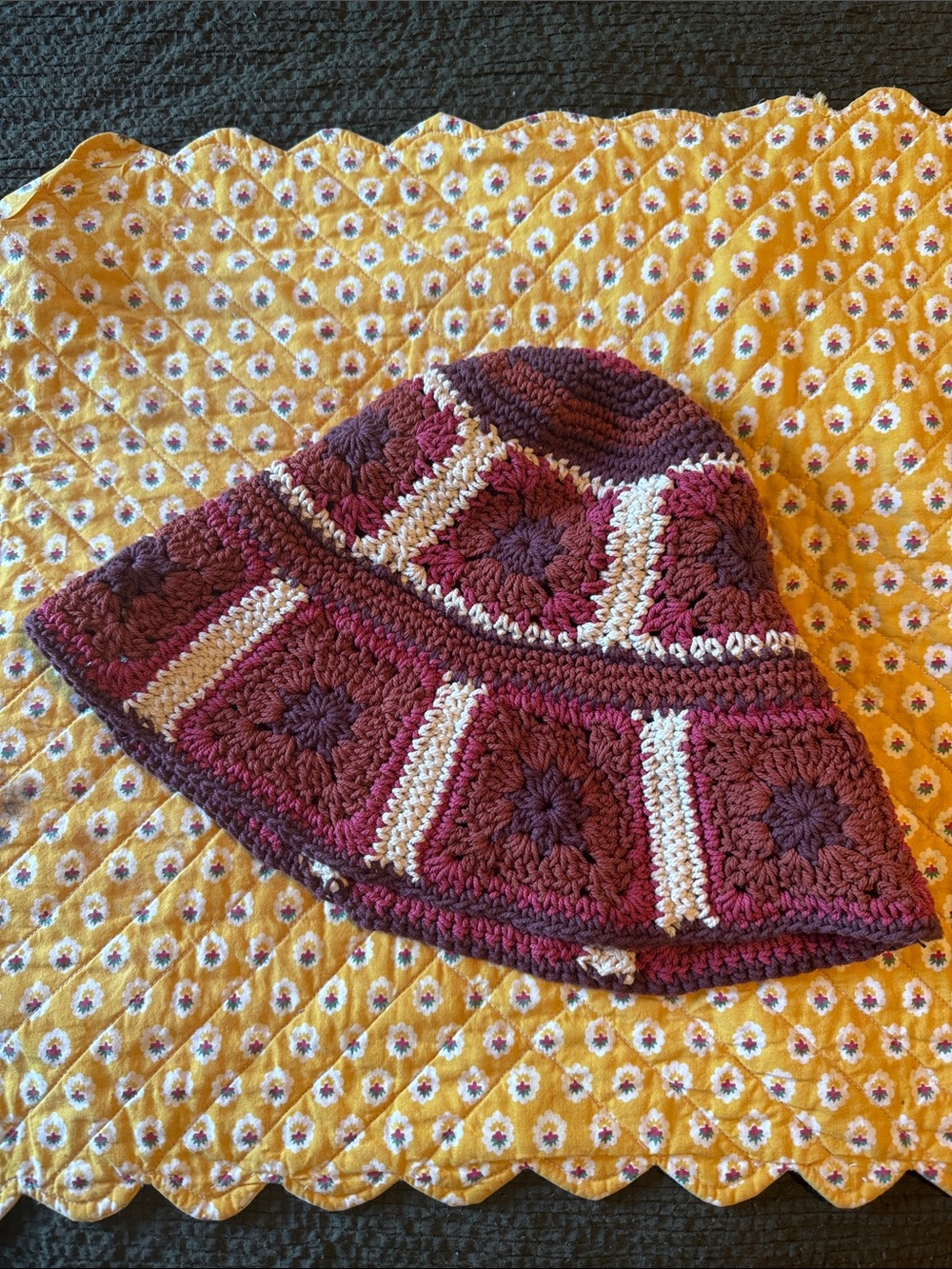 Handmade Crochet Bucket Hat in Burgundy and Cream